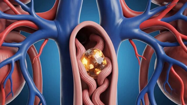 3D medical illustration of a kidney stone in the urinary tract showing human renal anatomy and blood vessels.