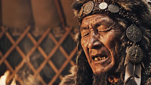 Cinematic close-up of a wise indigenous elder with closed eyes in a smoky traditional yurt for sacred spiritual wisdom concept