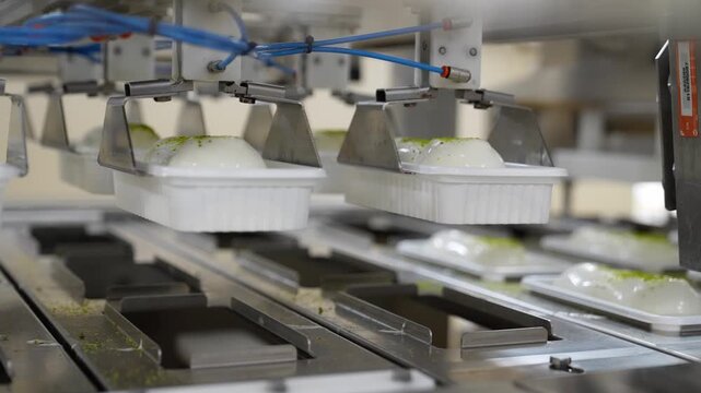 Automated machine placing and sealing ice cream portions on production line. Industrial system with robotic handling, conveyor workflow, hygienic processing and modern ice cream factory operation.