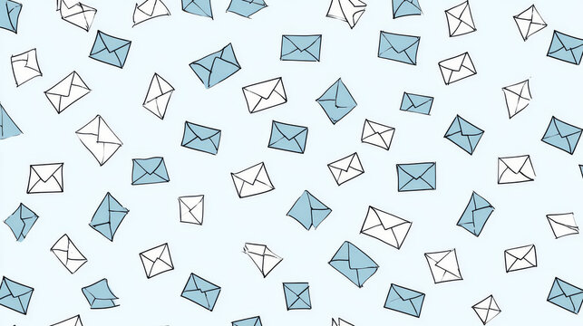 The envelope vector illustration. Stylish pattern in a gentle and plain style. Fashion art. Seamless pattern. Letter, Postcard, Writing, Message. On white background. Light Blue. Eps 10