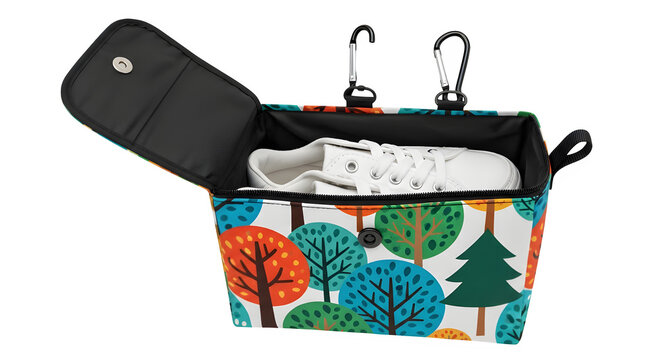 Open fabric organizer bag with a white sneaker inside and colorful tree pattern storage solution organizer colorful accessory footwear stroller