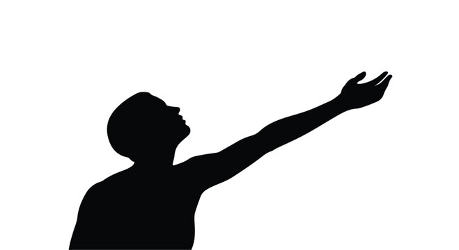 Silhouette of a person reaching upwards towards the sky with hope and aspiration.