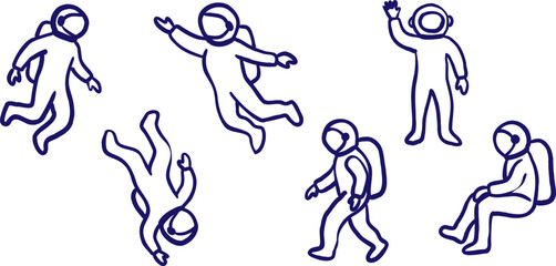hand drawn astronaut silhouette vector set cosmic explorers in different poses line art character illustration on white background © pani_Nadichka
