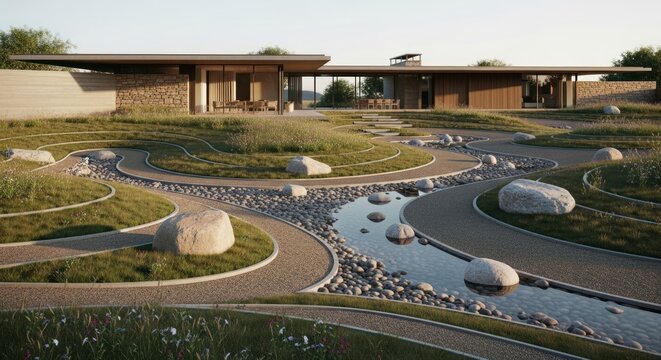Modern Zen House with Serene Rock Garden and Water Feature