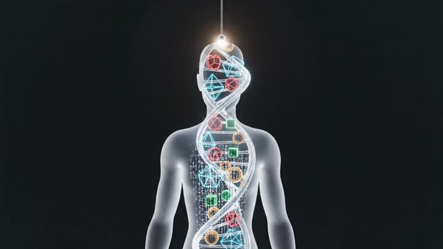 Synthetic biology and digital genome editing concept depicted by a glowing human silhouette with inner DNA helix and copy space