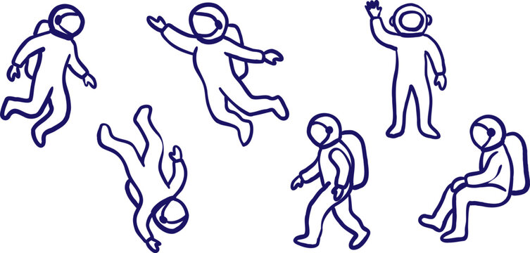 hand drawn astronaut silhouette vector set cosmic explorers in different poses line art character illustration on white background