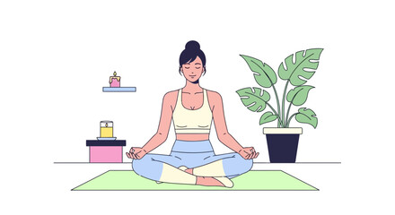 Obraz premium Woman Meditating in Lotus Pose at Home with Plant and Candle