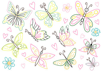 Fototapeta premium Set of cute butterflies in soft pink and blue tones with decorative wings and small hearts. Perfect for children's textiles, children's products.jpg
