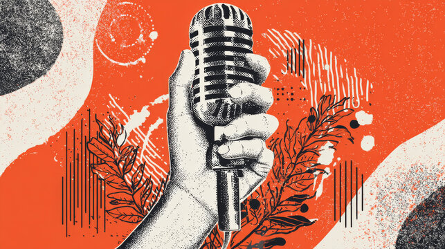 Trendy Halftone Collage Hand holding studio microphone. Talk show and interview. Podcast broadcast and radio news. Karaoke poster. Open mic festival. Contemporary vector illustration art