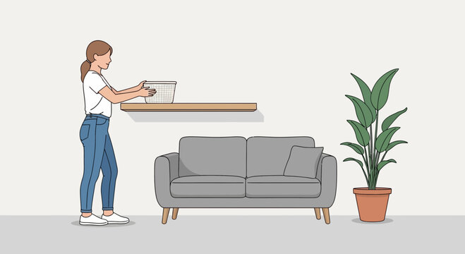 Woman placing storage bin on shelf above sofa, modern living room interior