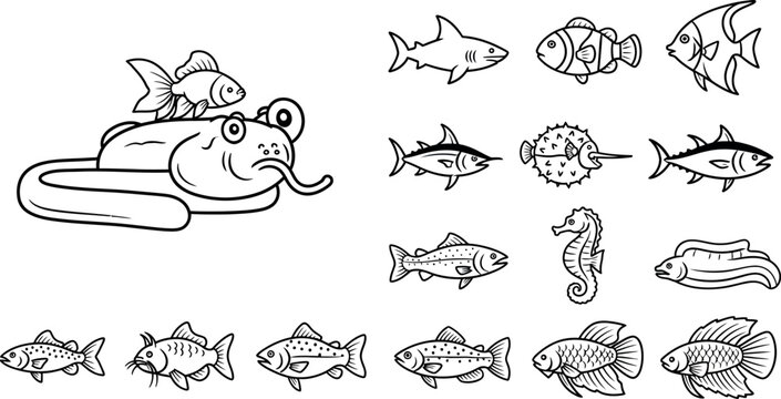 Collection of black and white cartoon fish and sea creatures, including eel and seahorse ocean animal