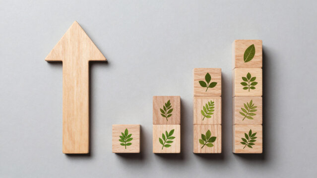 Graphique en Fl&egrave;che et cubes de bois sur fond gris. Les &eacute;l&eacute;ments g&eacute;om&eacute;triques sont grav&eacute;s de pictogrammes aux formes v&eacute;g&eacute;tales naturelles. Composition 3D en aplat (flat lay design)