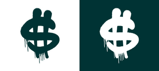 Urban graffiti tag style illustration of a dollar sign symbol with spray paint drips. Dark green street art hand style lettering representing money, wealth, and hustle. © dirtyfellas