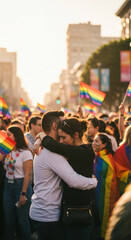 Fototapeta premium A couple embraces amidst a crowd waving rainbow flags, symbolizing love, pride, and community at a vibrant outdoor event