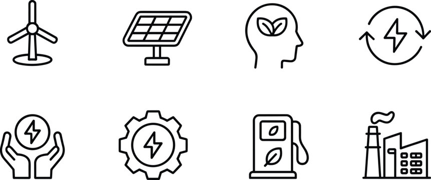 Renewable energy icons set, eco power sustainability technology symbols vector illustration collection design