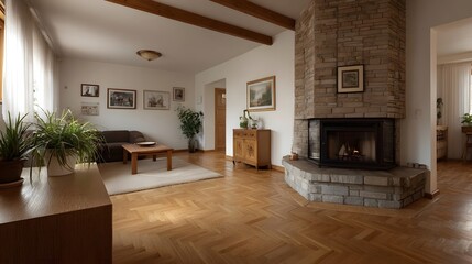 Naklejka premium Warm interior design showcasing a rustic stone fireplace comfortable seating area and herringbone wood flooring in a sunlit home