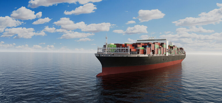 Container cargo ship at sea, global logistics and international trade