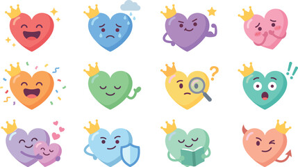 Fototapeta premium Cute Heart Character Emoji Vector Set with Crowned Love Icons Showing Different Emotions, Expressions and Feelings for Valentine, Romance and Social Media Design