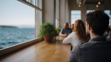 Fototapeta premium A professional group discussing ideas at a wooden table by a large window overlooking a calm ocean view