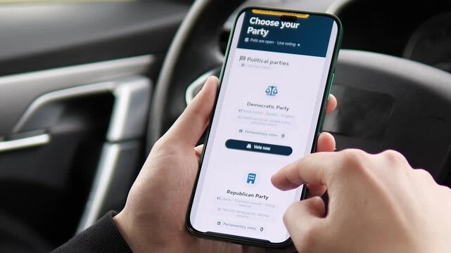 Modern citizen voting in parliamentary elections using a secure mobile app inside a car. Showcases digital democracy, e-voting tech, and civic engagement. Perfect for news, politics, and tech-forward