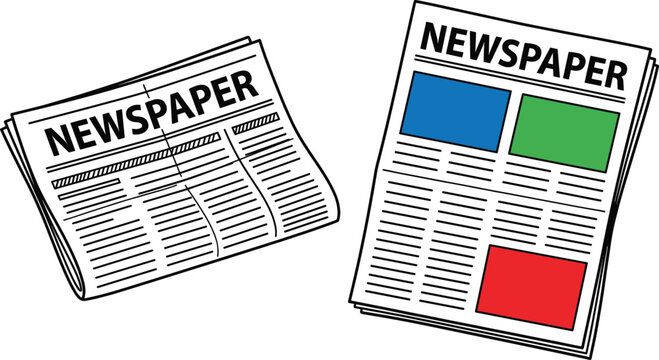 Newspaper Vector Illustration Set with Folded and Open Pages Featuring Headlines, Articles and Layout Design for News Media, Publishing and Editorial Concepts