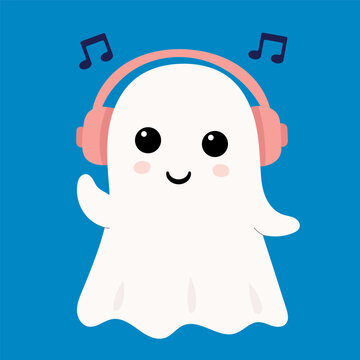 Cute ghost wearing headphones listening music playful spooky character illustration