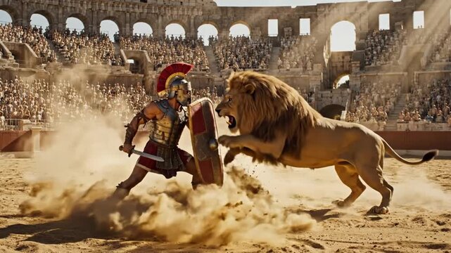 Roman gladiator lion fight in ancient dusty arena. 4K Video