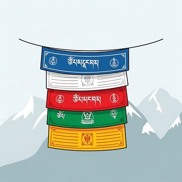 Tibetan prayer flags hanging in the mountains, colorful and vibrant.
