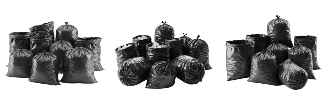 Pile of Full Black Plastic Rubbish Bags on White Background, Waste Management and Sanitation Service Concept, Household Garbage Cleanup and Disposal Industry Design.