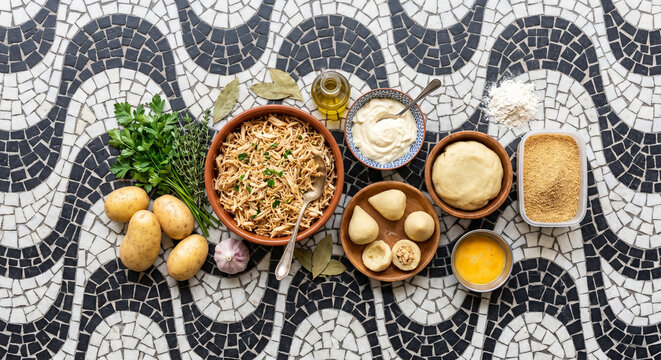 Overhead flat lay of Coxinha ingredients on Copacabana wave mosaic