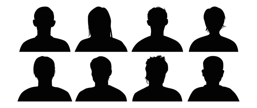 Flat illustration. Eight icons. Black silhouette of men and women. Avatar, user profile, person icon, profile picture. Suitable for social media profiles, icons, screensavers and as a template.