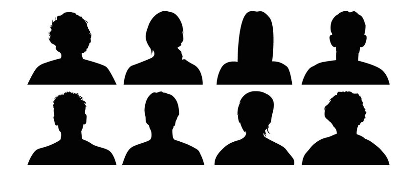 Flat illustration. Eight icons. Black silhouette of men and women. Avatar, user profile, person icon, profile picture. Suitable for social media profiles, icons, screensavers and as a template.