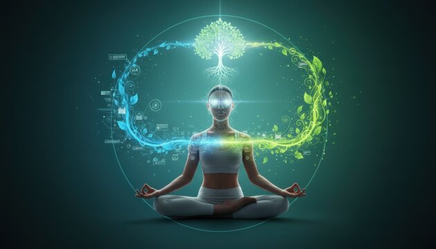 Illustration of yoga with the theme of unification of the mind, to achieve harmony and mental health aimed at balancing the pressures of technological work with natural human needs.
