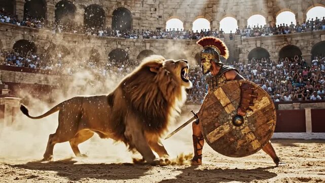 Roman gladiator lion fight in ancient dusty arena. 4K Video