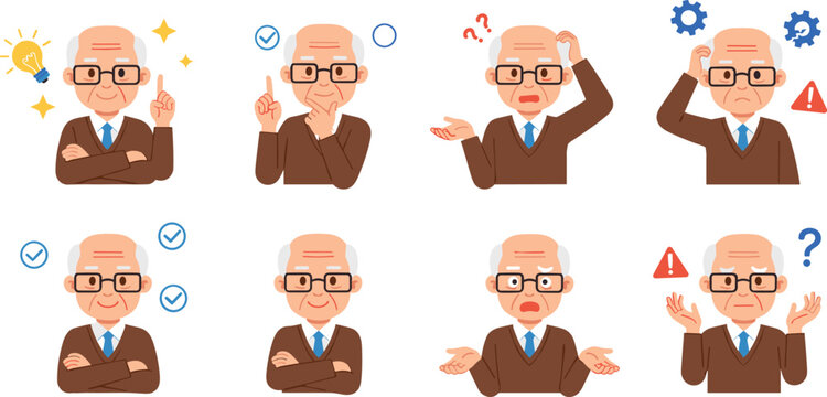 Cartoon Elderly Man Character with Various Expressions Including Ideas Confusion and Warnings with Icons for Emotional Reactions and Problem-Solving in Digital Media Designs