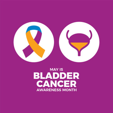 May is Bladder Cancer Awareness Month poster vector illustration. Purple, yellow, blue cancer awareness ribbon and urinary bladder icon set. Template for background, banner, card. Important day