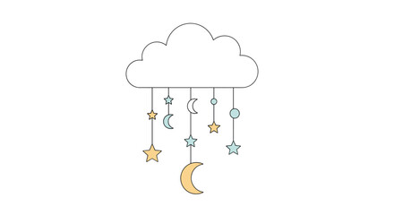 Obraz premium Charming nursery mobile features a white cloud with hanging stars, crescent moons, and spheres in soft pastel yellow and teal colors.