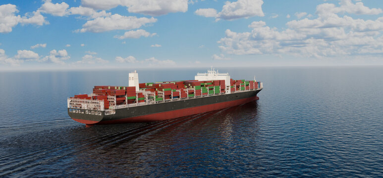 Container ship at sea in motion, global shipping and cargo transport