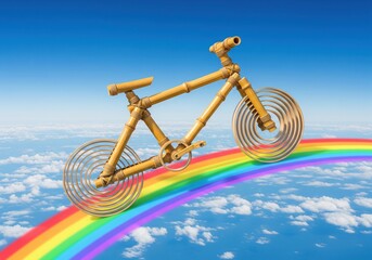 Fototapeta premium Creative handmade bamboo bicycle resting on bright colorful rainbow above clouds in blue sky