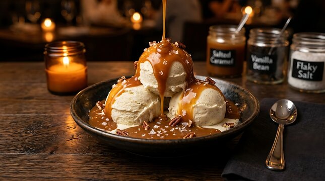 Nikmati Es Krim Vanilla Lezat dengan Saus Karamel, Kacang Pecan, dan Taburan Garam Laut di Restoran Mewah