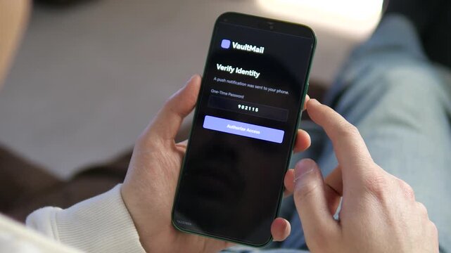 Modern mobile app interface for identity verification. Person holding a phone and authorizing access with a secure code. High-quality footage of 2FA login process, encrypted communication, and fintech