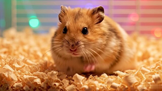 A cute hamster grooming itself in a cozy cage, with soft bedding and colorful bokeh lights in the background