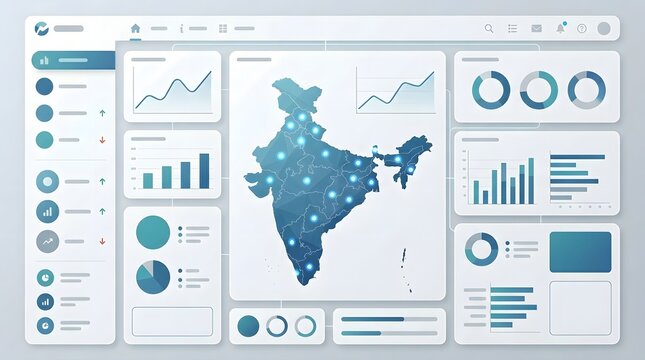 Data analytics dashboard with India map and statistical charts