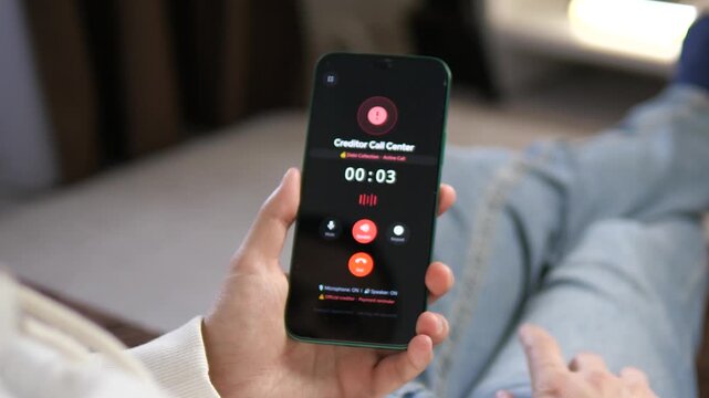 Impactful shot of a person receiving a call from a debt collector. High-quality mobile UI showing creditor alert. Ideal for financial crisis, banking, and personal debt management concepts. Perfect