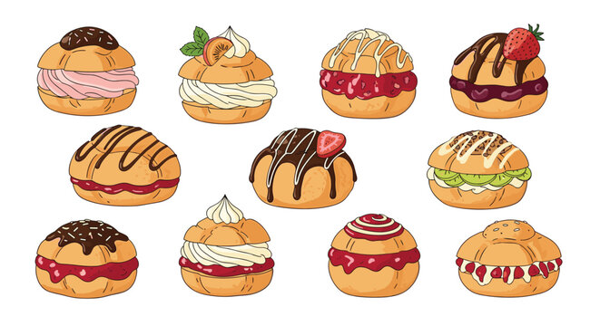 Mouth watering cream puffs and profiteroles set with different fillings and fruit toppings like strawberries for pastry menus.