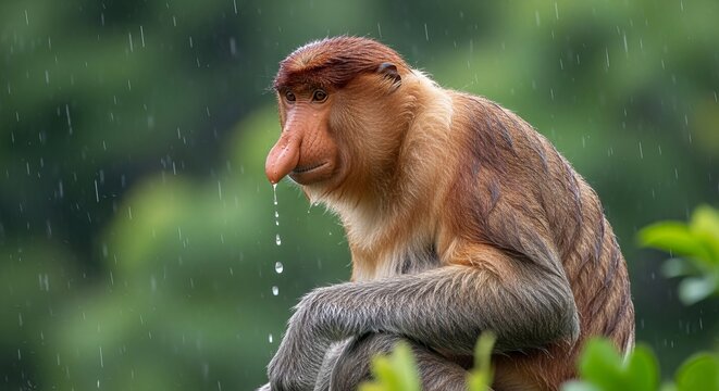 Proboscis monkeys in mangrove and tropical forest environments, highlighting unique facial features, social behavior, and natural habitat with cinematic and realistic visuals.