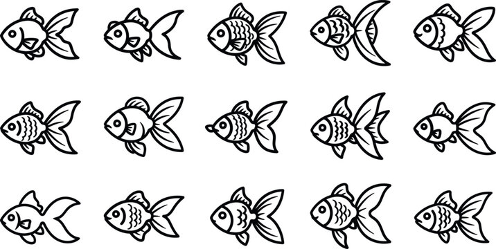 Collection of fifteen black and white cartoon goldfish in a grid, simple line