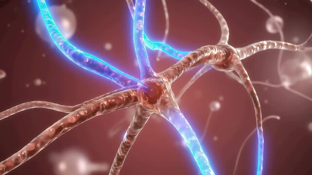 Inside human nerve fibers, electrical signals flowing along neurons, soft blue glowing pulses moving smoothly