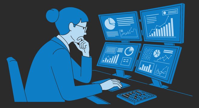 Businesswoman analyzing financial data on multiple computer screens