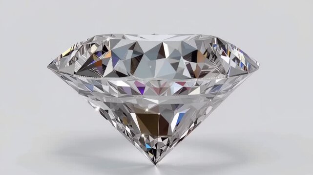 Diamond gemstone reflecting light with many facets against a white background